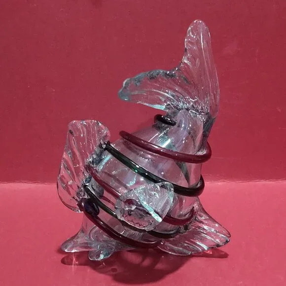 Decorative Fish Sculpture Blown Glass Colorless Red Green Colored Foil Fusions